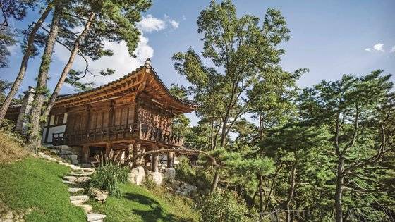 산능성이에 앉힌 한옥 객실. 생들기름으로 나무를 수없이 닦아 고재처럼 착색했다. ［사진 전재호 작가］