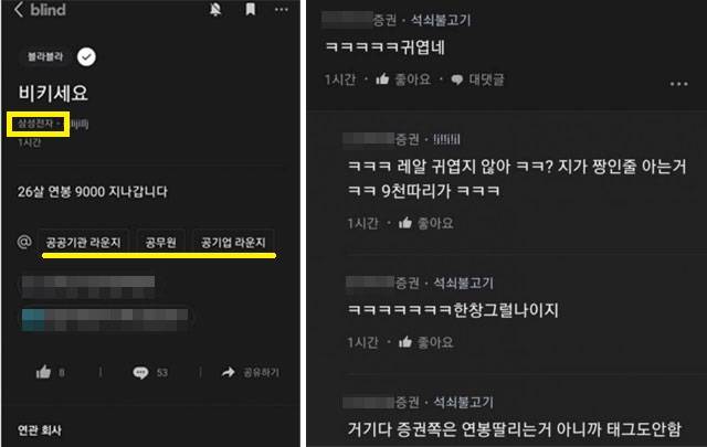 ‘26세에 연봉 9000만원’이라며 삼성전자 직원으로 추정되는 글이 블라인드에 올라왔다. 블라인드 캡처