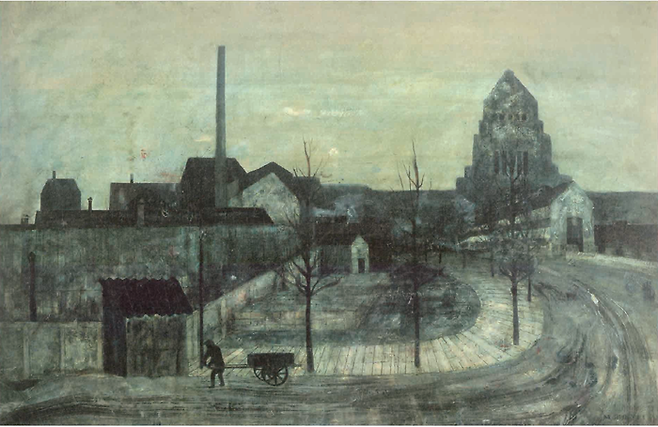 마쓰모토 슌스케, ‘의사당이 있는 풍경’(1943).  서경식은 이 작품과 사와다 데쓰로의 ‘짧은 휴식’(1941)의 손수레를 비교한다.  마쓰모토 슌스케가 대상과의 거리감을 둔 것을 두고 ‘홀로 선 자의 고독’ 등으로 해석했다. 연립서가 제공