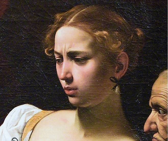 카라바조, 홀로페르네스의 목을 치는 유디트(일부 확대), 1598