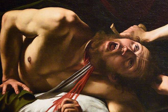 카라바조, 홀로페르네스의 목을 치는 유디트(일부 확대), 1598