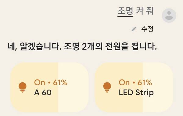 음성 제어로 조명을 밝힌 화면. 구글 홈 앱 화면이다. 정옥재 기자