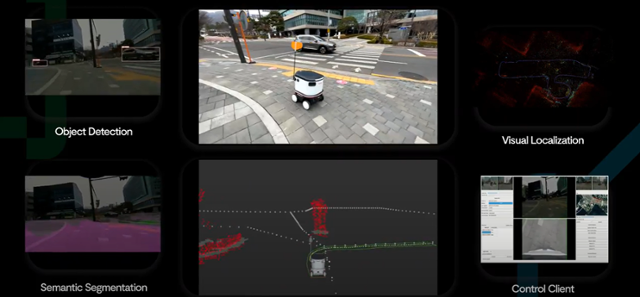 자율주행 배달로봇 뉴비가 도심지역을 주행하는 모습. 카메라 기술을 기반으로 제작된 뉴비는 3D 공간지도 및 위치 추정 장치, AI 장애물 인식 시스템 등이 탑재됐다. 뉴빌리티 제공