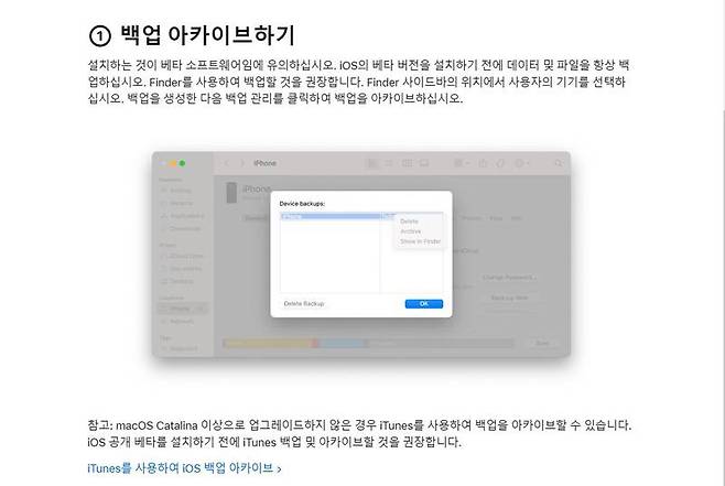 베타 버전을 설치하기 전 데이터를 백업해두도록 하자. 출처=애플 홈페이지 캡처
