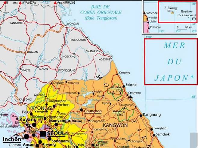 A captured photo from Seo Kyung-duk‘s Instagram account shows a map provided by the French Embassy in Seoul, which has marked Dokdo as “Rochers du Liancourt“ and the East Sea as “Mer Du Japon” or the Sea of Japan. (Courtesy of Seo Kyung-duk)