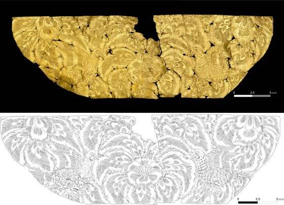 16일 첫 공개된 통일신라 시대 금박 유물 '선각단화쌍조문금박'. 가로 3.6cm, 세로 1.17cm 크기로, 순금 0.3g을 0.04mm 두께로 얇게 펴서 새와 꽃을 새겨넣었다. 통일신라시대 금속공예의 정수를 보여주는 유물이다. 사진 국립경주문화재연구소