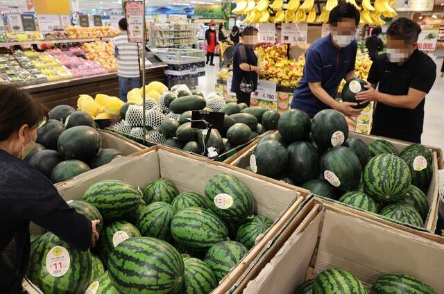 ‘집 나가면 개고생’. 뛰는 여행물가에 휴가 계획을 접고 집에서 ‘수박’을 먹으며 쉬겠다는 ‘휴포자’가 늘고 있다. 서울 성동구 이마트 성수점에서 수박 할인 판매를 하는 행사장 모습. 연합뉴스.