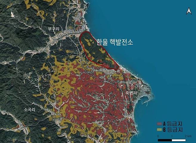 국립산립과학원의 ‘산불 취약 지도’를 보면 한울 원자력발전소 인근 지역은  산불취약지수 A,B 등급의 고위험 지역으로 분류돼 있다. 녹색연합 제공
