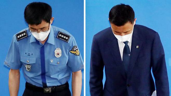 지난 16일 서해 공무원 피격 사건 최종수사결과 발표를 마친 뒤 머리를 숙인 박상춘 인천해양경찰서장과 윤형진 국방부 정책기획과장.