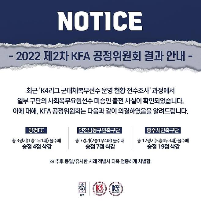 K4리그 삭감 징계 공지(KFA SNS)© 뉴스1
