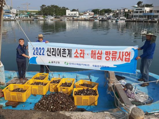 새울원자력본부가 신리어촌계 소라 해삼 방류사업을 지원하고 있다.