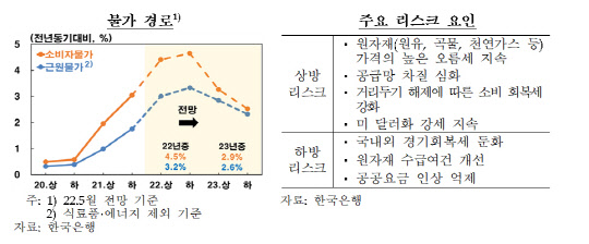 한국은행이 향후 물가상승률이 5%를 상회할 수 있다고 전망했다. 한국은행 제공