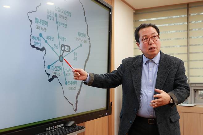 준공영제 대중교통 '땡큐 버스' 노선을 설명하는 조광한 경기 남양주시장 / 사진제공 경기 남양주시