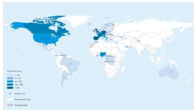 올해 원숭이두창 누적 확진 인원에 따른 국가별 분류. 세계보건기구 제공