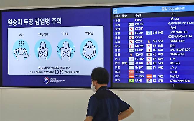 (인천공항=뉴스1) 이성철 기자 = 국내 첫 원숭이두창 확진자가 발생한 가운데 해외 입국자가 급증하면서 추가 유입 우려가 커지고 있다.  23일 인천공항 제1터미널 출국장 TV에 원숭이두창 감염병 주의 안내 화면이 나오고 있다. 2022.6.23/뉴스1