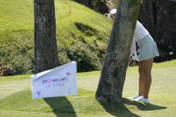 전인지가 나무 뒤에서 샷을 하고 있다. [AP]