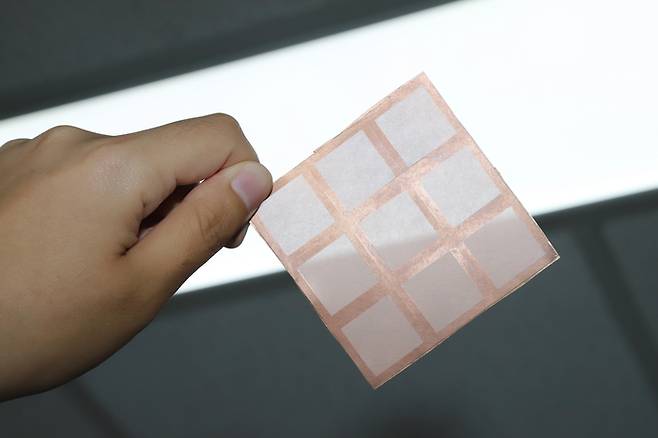 한국과 일본 공동 연구진이 개발한 항균 패치를 연구자가 들어 보이고 있다.  손가락 끝보다 더 넓은 피부를 덮을 수 있도록 크게 만들 수도 있다. 한국생명공학연구원 제공
