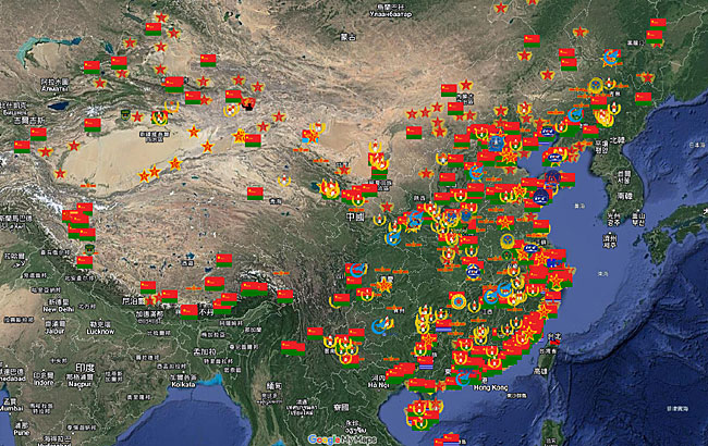 대만 음대생 조지프 원이 최근 제작해 공개한 구글 지도. 중국 군사시설 정보가 빼곡히 들어가 있어 대만에서 화제가 되고 있다.  구글 지도 캡처