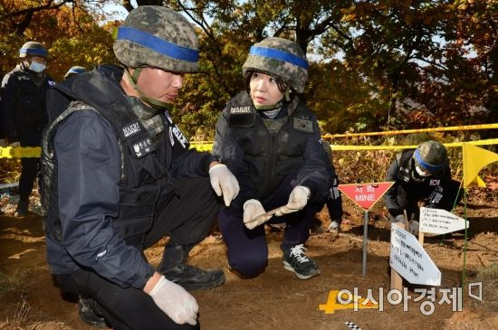 25일 오전 강원도 철원군 철원읍 백마고지 인근 화살머리고지에서 국방부 유해발굴감식단원들이 6.25 당시 전투에서 숨진 국군 유해를 발굴하여 수습하고 있다. /사진공동취재단