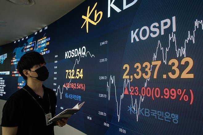 24일 서울 여의도 KB국민은행 스마트딜링룸 전광판에 코스피 지수가 전날 대비 23.00p(0.99%) 오른 2337.32을 나타내고 있다. /뉴스1