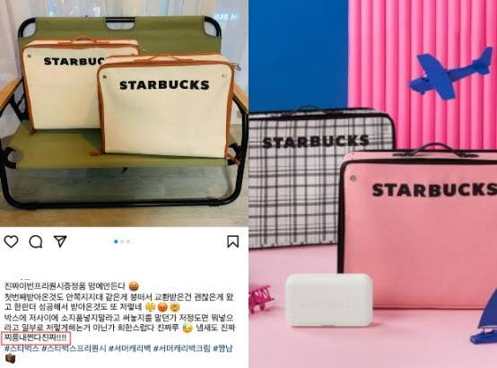 스타벅스의 신규 시즌 굿즈에서 냄새가 난다는 주장이 제기됐다. 사진은 서머 캐리백 관련 게시글(왼쪽)과 서머 캐리백 이미지./사진=인스타그램 캡처, SSG닷컴