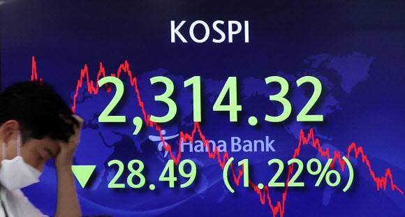 코스피 - 코스피와 코스닥이 이틀 연속 연저점으로 추락한 지난 23일 오후 서울 중구 하나은행 본점 딜링룸에서 직원이 전광판 앞을 지나고 있다. 연합뉴스