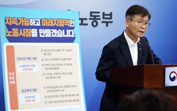 - 이정식 고용노동부 장관이 23일 주52시간제 개선과 임금체계 개편 방향을 발표하고 있다. 연합뉴스