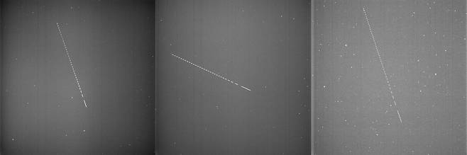 OWL Net으로 관측한 누리호 우주물체들 왼쪽이 누리호 발사체 3단, 가운데는 더미위성, 오른쪽은 성능검증위성이다. [한국천문연구원 제공. 재판매 및 DB 금지]