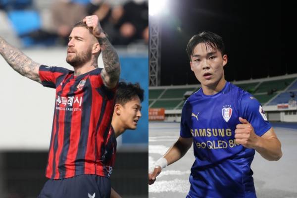 (왼쪽부터) 수원FC 공격수 라스와 수원 삼성 공격수 오현규. 사진｜한국프로축구연맹