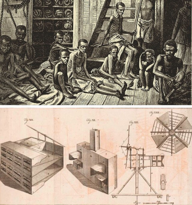1789년 영국 인쇄업자 제임스 필립스가 펴낸 ‘브룩스’에 수록된 삽화. 노예선 내부 그림과 함께 소개된 이 그림은 노예무역의 참상을 드러냈다(위쪽 사진). 오른쪽 사진은 영국 물리학자 스티븐 헤일스가 설계한 환기장치. 그는 환기를 통해 병원이나 선박, 감옥의 질병을 예방할 수 있다고 생각했다. 1758년 발표한 논문에서 자신이 구상하는 환기장치 도면을 그렸다. 황소자리 제공