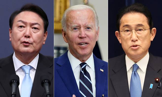 (왼쪽부터) 윤석열 대통령, 조 바이든 미국 대통령, 기시다 후미오 일본 총리. /조선일보DB
