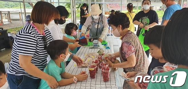 보은군 회남초 병설유치원 원아들이 녹색장터에서 농산물을 팔고 있다. (보은교육지원청 제공)© 뉴스1