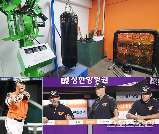 하주석의 헬멧 투척 사건이 벌어진 한화 이글스 더그아웃을 확인해 봤다. 더그아웃 뒤 복도에는 샌드백이 설치되어 있으나 선수들이 사용하지 않는 듯 방치되어 있다. 아래사진은 수베로 감독과 함께 경기를 지켜보고 있는 클레멘츠 코치(가운데)의 모습. 대전=송정헌 기자songs@sportschosun.com