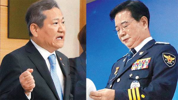 이상민 행정안전부 장관이 27일 오전 서울 종로구 정부서울청사에서 브리핑을 갖고 경찰제도개선자문위원회의 권고안에 대한 입장과 향후 계획을 밝히고 있다(왼쪽). 이 장관 브리핑 직후 김창룡 경찰청장은 서울 서대문구 경찰청에서 기자회견을 갖고 사의를 밝혔다. 김동주 기자 zoo@donga.com·사진공동취재단