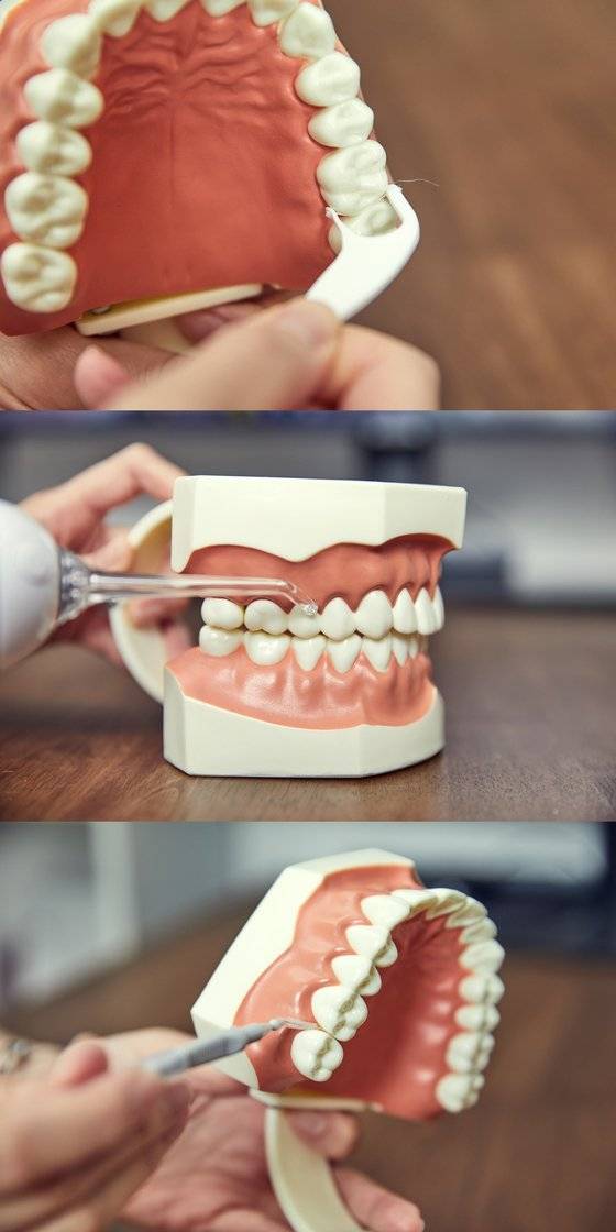 (위에서부터) 양치질 후에 이 사이에 낀 음식물의 찌꺼기를 빼내거나 닦아 내는 데 쓰는 치실과 치간칫솔. 치간칫솔의 경우 이 사이가 벌어졌거나 구강 내 보철물·교정장치가 있을 경우 사용하면 더욱 좋다.