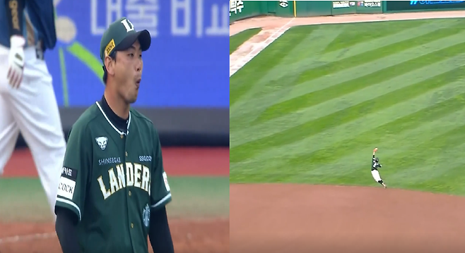 박성한의 환상적인 점프 캐치를 보고 놀라워하는 김광현