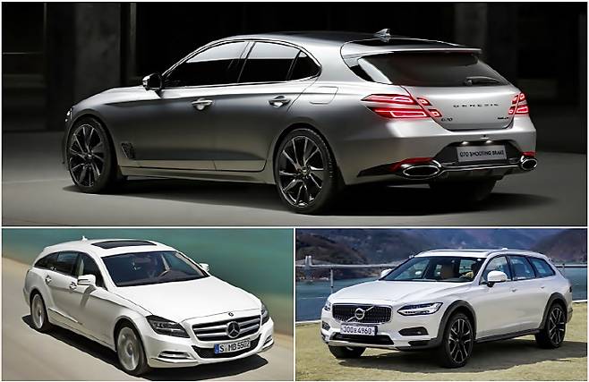 G70 슈팅 브레이크, 볼보 V90 크로스컨트리, 벤츠 CLS 슈팅 브레이크. 사진 위부터 시계방향으로 [사진출처=제네시스, 볼보, 벤츠]