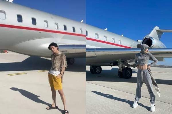 그룹 방탄소년단(BTS) 멤버 뷔와 블랙핑크 멤버 리사가 같은 전세기를 이용해 프랑스 파리를 방문하자 "개인 여객기를 리사가 전세 냈다"는 루머가 퍼졌다. 사진은 전세기 앞에서 인증샷을 찍은 뷔(왼쪽)와 리사. /사진=뷔·리사 인스타그램