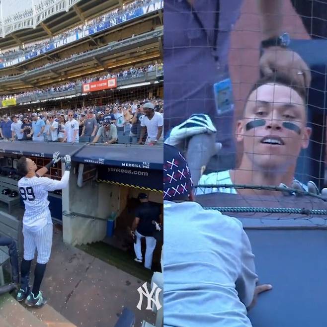 스파이크 리에게 끝내기 방망이를 건네는 애런 저지. 뉴욕 양키스 공식 SNS 제공