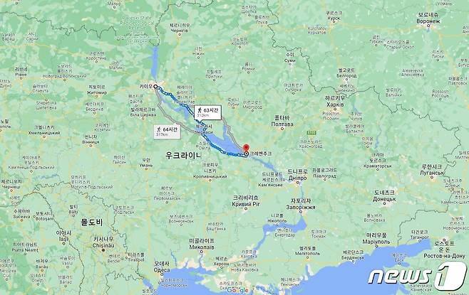 27일(현지시간) 러시아군이 미사일을 격추한 쇼핑몰은 우크라이나 중부 폴타바주 크레멘추크시에 위치해있다. 수도 키이우에서 남동부 약 300㎞에 떨어져있다. 전쟁 이전 약 22만명이 거주한 것으로 알려졌다. (구글 지도 화면 갈무리) © 뉴스1