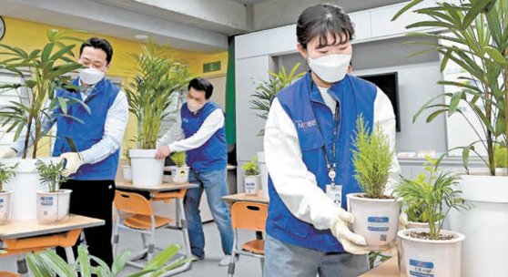 현대모비스는 올해 임직원이 키운 공기 정화 식물을 학교에 기증하는 ‘교실 숲’ 프로젝트를 시작했다. [사진 현대모비스]
