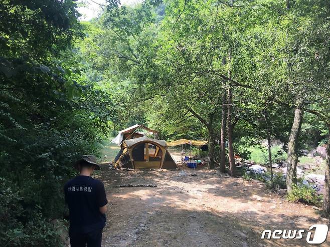 산림특별사법경찰이 계곡 내 쓰레기투기 및 화기 사용 단속을 실시하고 있다.© 뉴스1