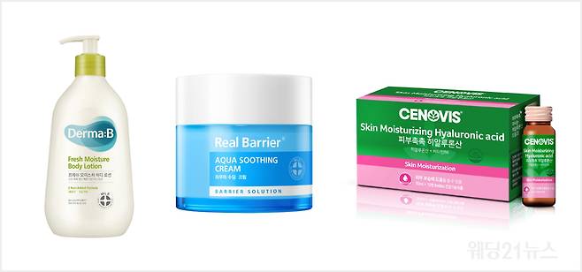 사진 : (왼쪽부터)&nbsp;더마비(Derma:B) – 프레쉬 모이스처 바디 로션,&nbsp;리얼베리어(Real Barrier®) – 아쿠아 수딩 크림,&nbsp;세노비스 – 피부촉촉 히알루론산 (사진제공 : 각 브랜드)