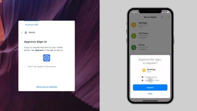 DSM 7.0에 도입된 시큐어 사인인. NAS 로그인 시 비밀번호 입력 대신 스마트폰 앱 인증을 활용한다.