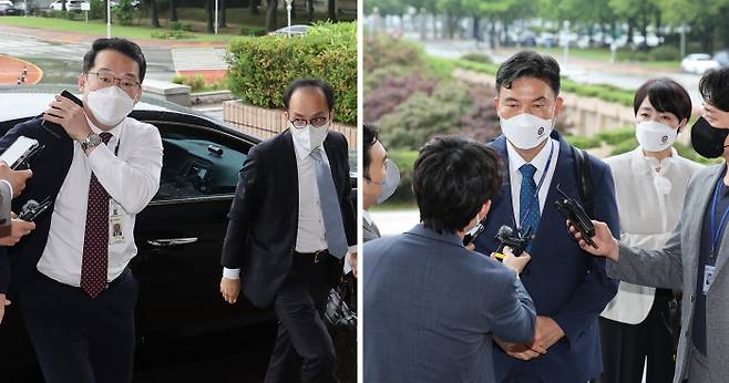 최지석 대검찰청 형사정책담당관 등 검찰 관계자들(왼쪽)과 최종상 경찰청 책임수사시스템정비 TF단장, 이은애 경찰청 수사구조개혁 1팀장이 30일 정부과천청사 법무부에서 열린 검·경 협의체 실무협의 첫 회의에 각각 참석하고 있다. 연합뉴스