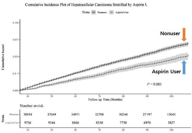 아스피린 장기 복용 군이 비복용군에 비해 B형 간염 환자의 간암 발생 위험도가 16% 낮은 것으로 확인됐다. 세브란스병원