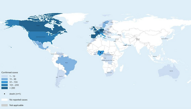 원숭이두창 발생 국가. 자료=WHO(6월27일 기준)