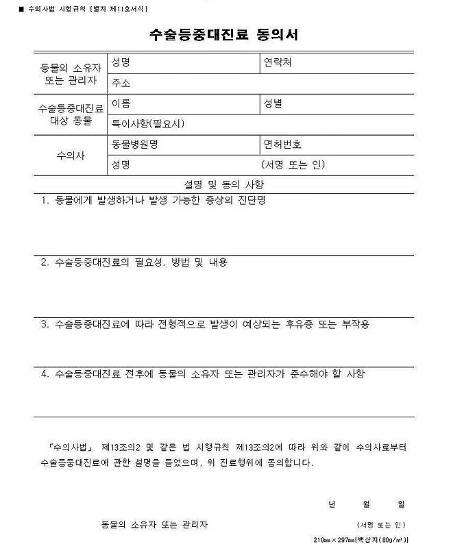 수의사가 동물 소유주에게 받아야 할 수술 등 중대진료 동의서 양식(대한수의사회 제공) © 뉴스1