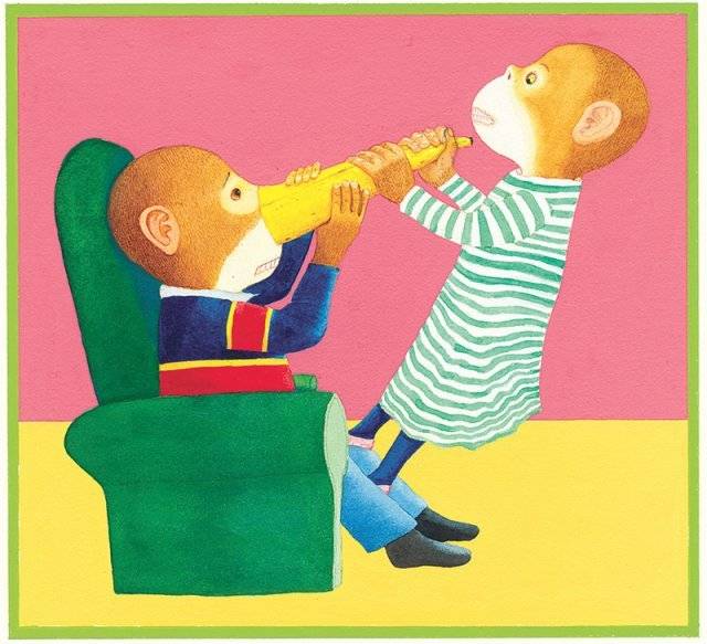 앤서니 브라운의 새 그림책 ‘엄청나게 커다란 소원’의 한 장면. 원숭이 코에 바나나가 붙은 상황을 우스꽝스럽게 그렸다. 웅진주니어 제공