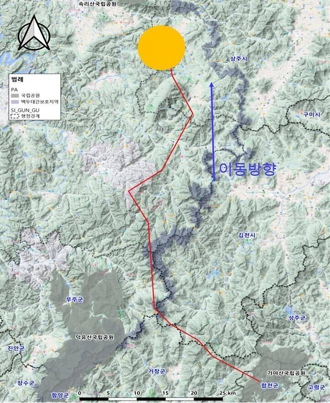 반달곰 KM-53의 이동 경로. KM-53은 지난 5월27일 평소 활동권역인 수도산, 가야산, 덕유산에서 벗어나 충북 보은에서 발견됐다. 이후 6월27일부터는 다시 충북 영동 민주지산 인근에서 활동하고 있다. 환경부 제공